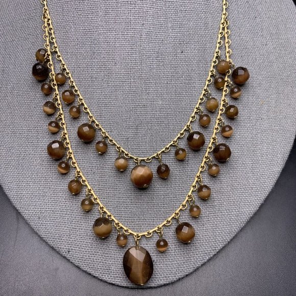 Layered Glass Bead Necklace Chocolate Brown Cats Eye Beaded Gold Tone - Picture 3 of 7